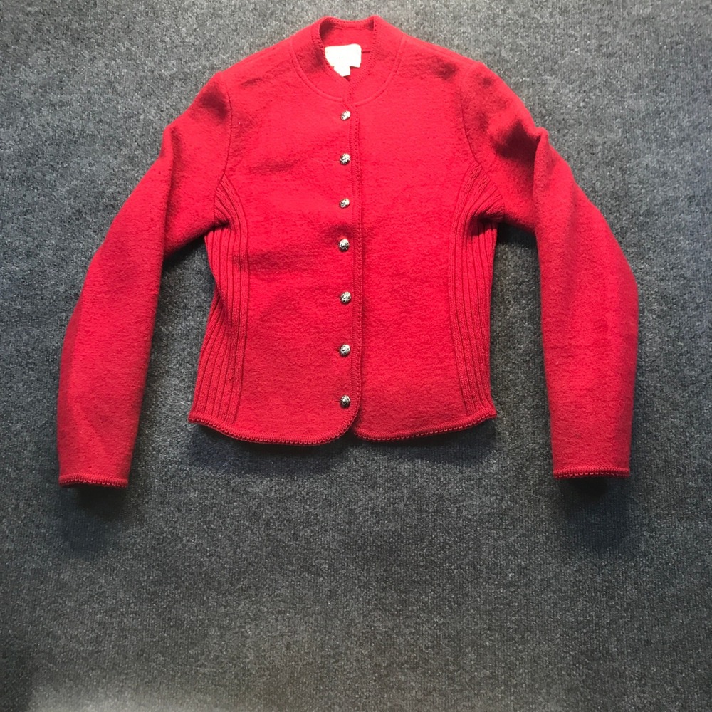 Deans of Scotland Wool Cardigan Women M Red Excellent Boiled Wool Crest Button
